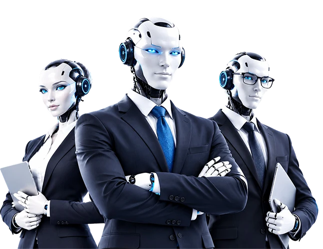 Three humanoid AI robots in business suits standing together