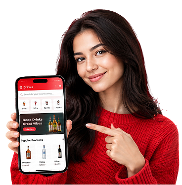 Woman holding a phone with the Drinkly app
