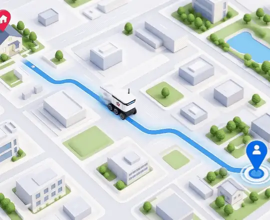 White and blue delivery vehicle travelling along a blue route on an isometric city map, from a red home pin to a blue customer location pin