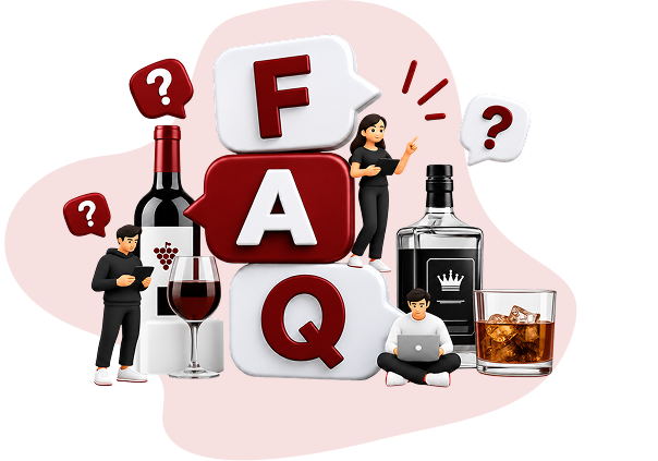 FAQ illustration with wine, gin and whisky bottles
