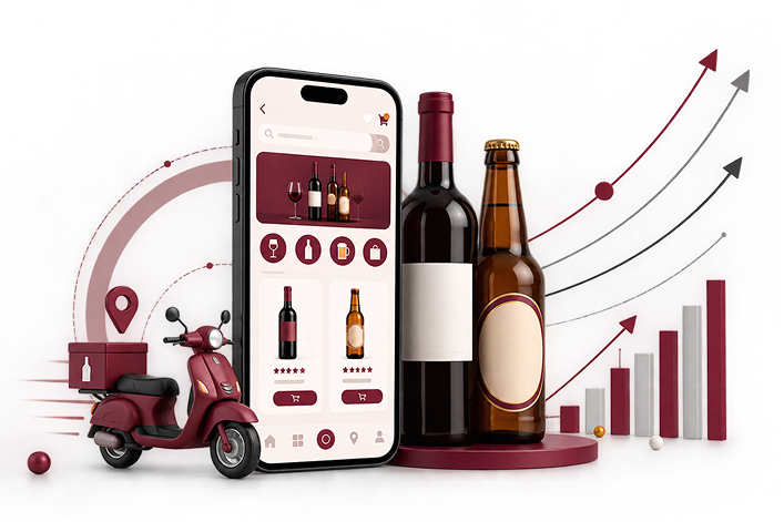 Alcohol delivery app on a phone with bottles, delivery scooter and rising growth chart