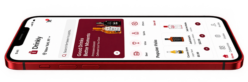 Alcohol delivery marketplace app shown on a horizontally laid smartphone