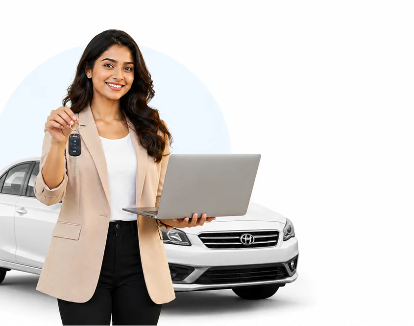 Woman holding car keys and a laptop in front of a white car