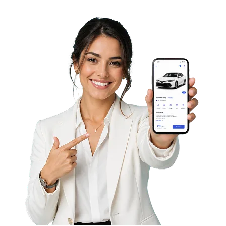 Woman showing the car rental app on a phone