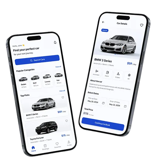 Car rental mobile app screens