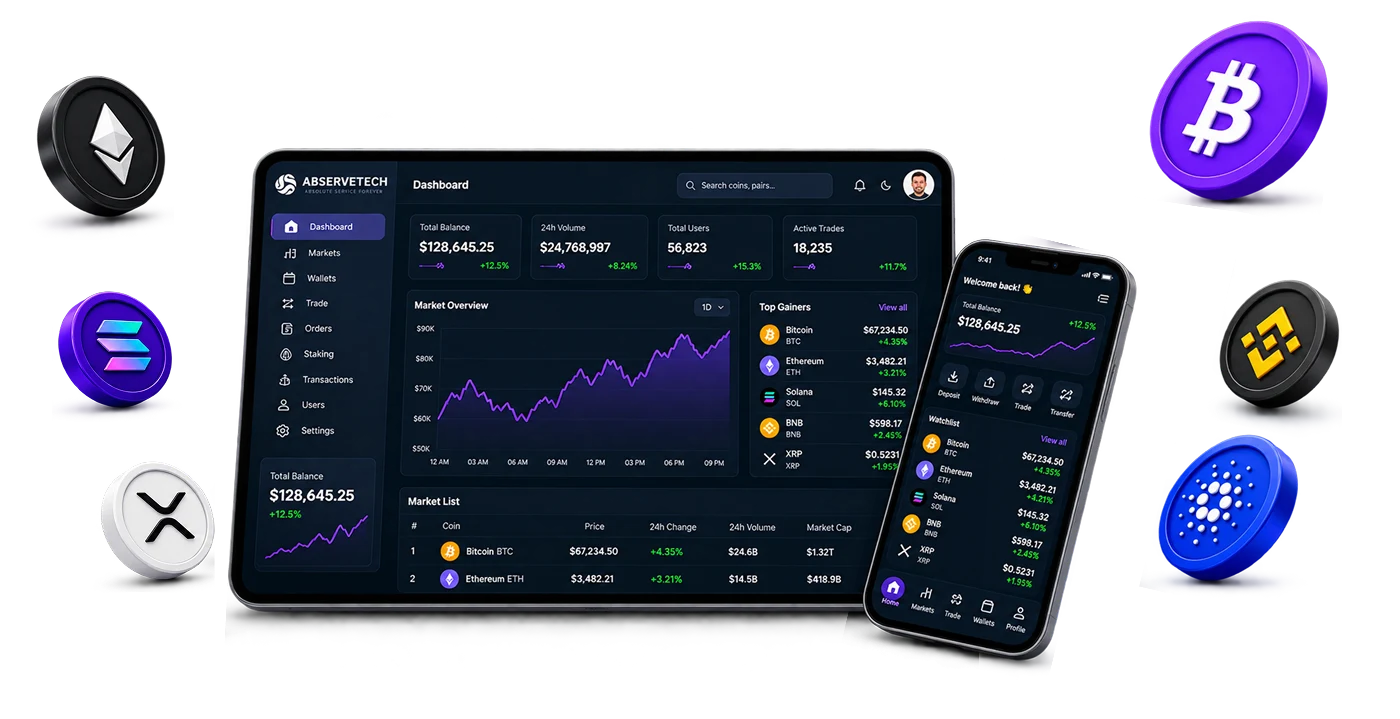 Abservetech crypto exchange dashboard on tablet and mobile with Ethereum, Bitcoin, Solana, XRP, Binance and Cardano coins