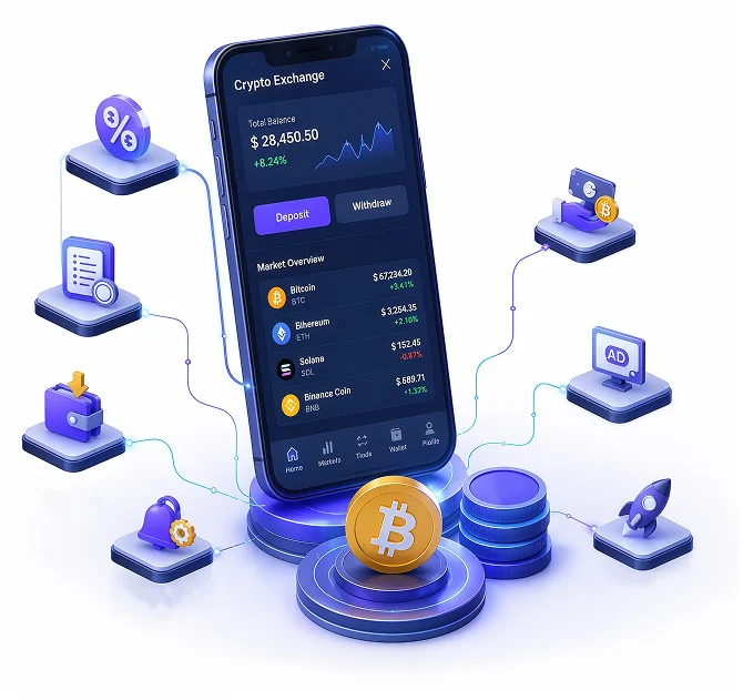 3D crypto exchange app with revenue-model icons