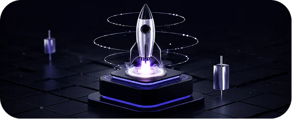 Crypto exchange launch rocket on a glowing pad