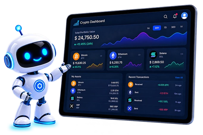 AI robot presenting a crypto trading dashboard on a tablet