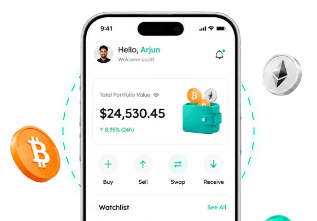 Crypto wallet mobile app with floating Bitcoin and Ethereum coins