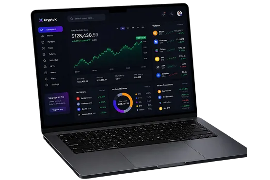White-label crypto exchange dashboard on a laptop
