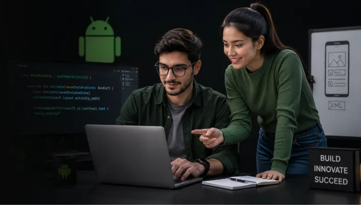 Two Android developers collaborating on a laptop