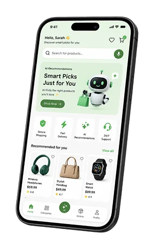 AI-Powered Shopping App screen shown on a phone