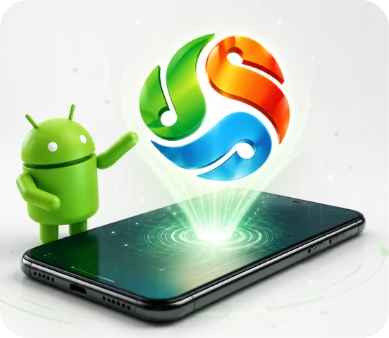 Android mascot with a smartphone projecting the Abservetech logo