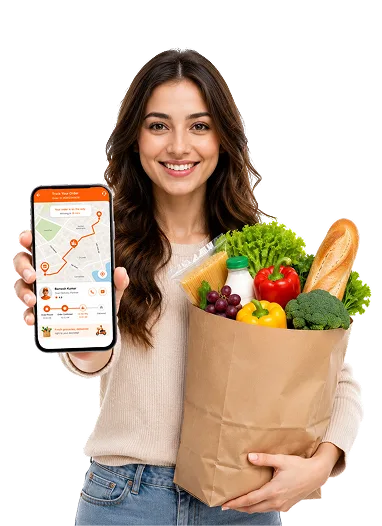 Woman holding a grocery bag and a phone showing live order tracking