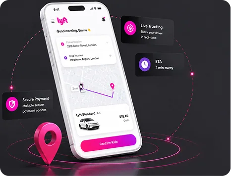 Ride-hailing app screen showing live tracking, ETA and secure payment