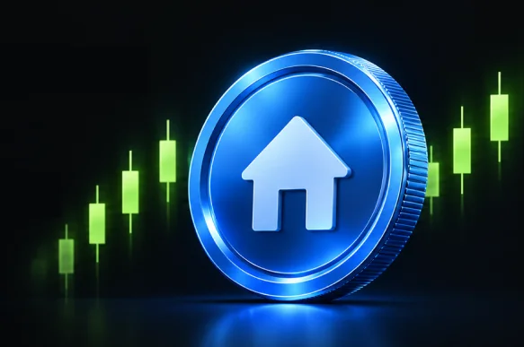 Blue 3D house token with green candlestick chart