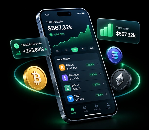 Crypto portfolio app on a tilted smartphone with Bitcoin, Ethereum and Solana coins, portfolio growth and total value panels