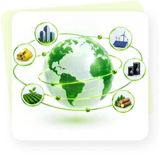 Globe surrounded by tokenized real-world assets: real estate, gold, farmland, wind and solar energy, oil, and timber