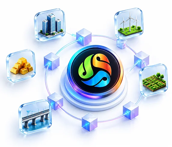 RWA token at the center connected to real-world assets: buildings, wind turbines, gold bars, farmland and a bridge