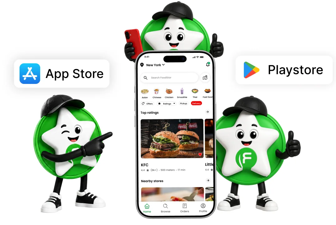 App mascots with mobile app preview and App Store / Play Store badges
