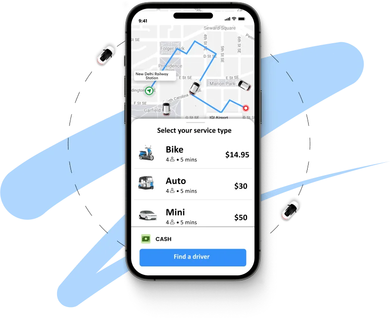 Taxi app phone mockup with route map and ride options