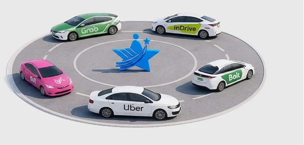 Taxi apps circle: Grab, inDrive, Bolt, Uber, Lyft