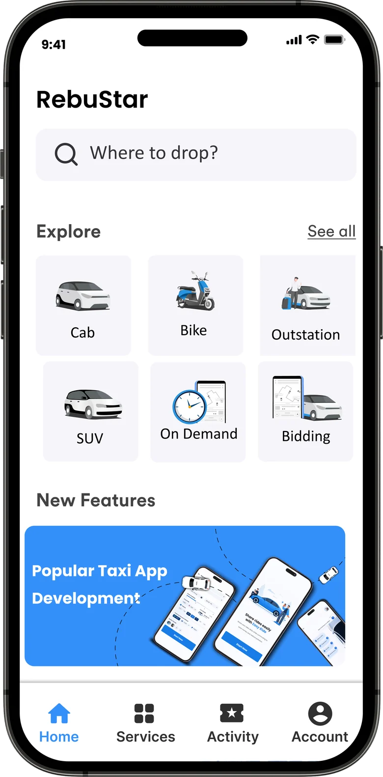 RebuStar taxi booking app home screen