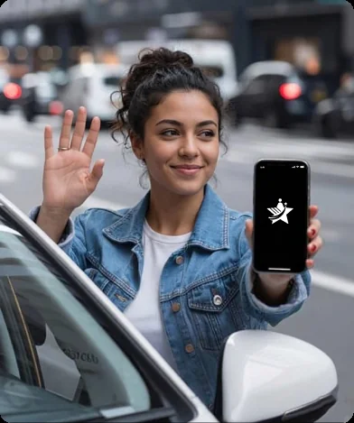 Woman waving with a taxi app open on her phone