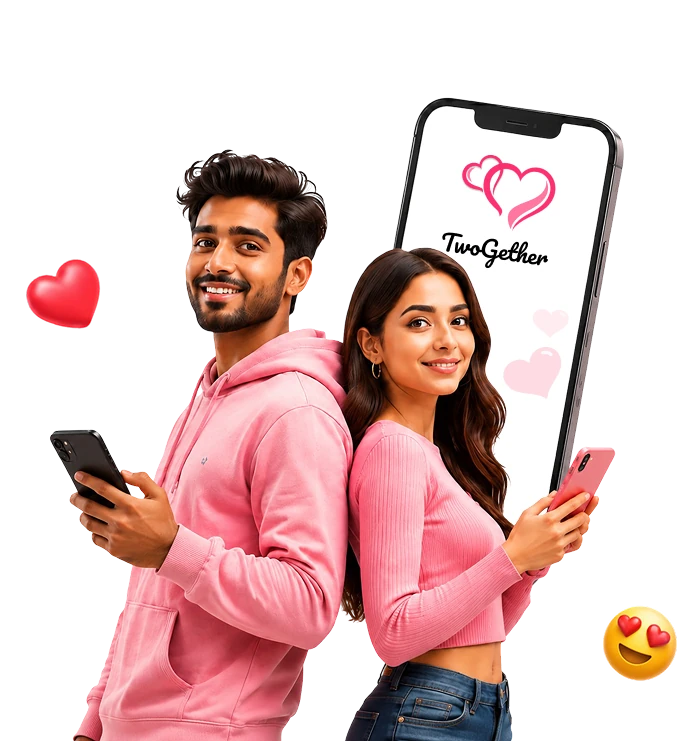 Couple holding phones in front of a large smartphone showing the dating app