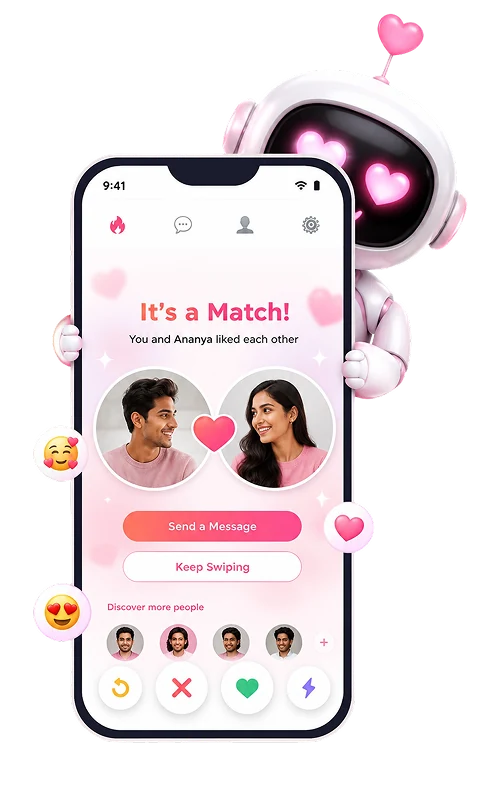 AI dating app match screen with robot assistant
