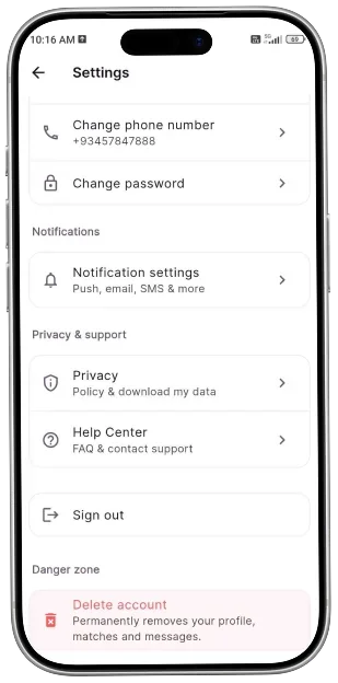 Settings screen