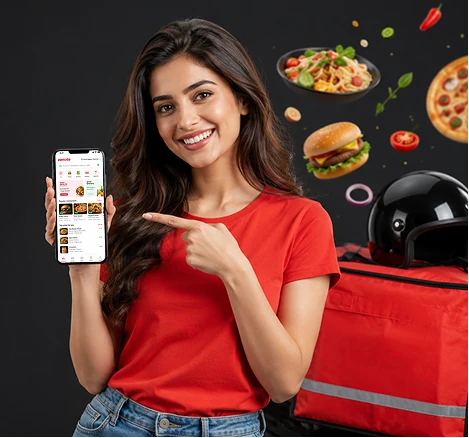 Woman holding a phone with a food delivery app